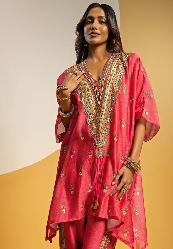Pink Embroidered Chanderi Kurta Pants Set Soup by Sougat Paul - Fabilicious Fashion