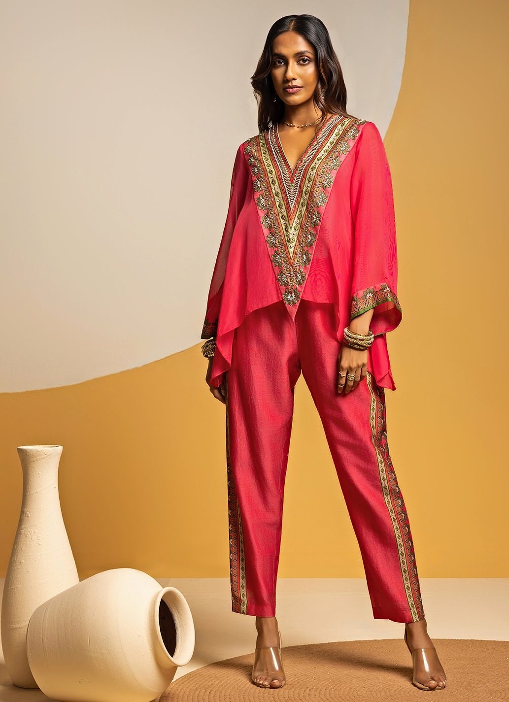 Pink Embroidered Chanderi Pants Set Soup by Sougat Paul - Fabilicious Fashion