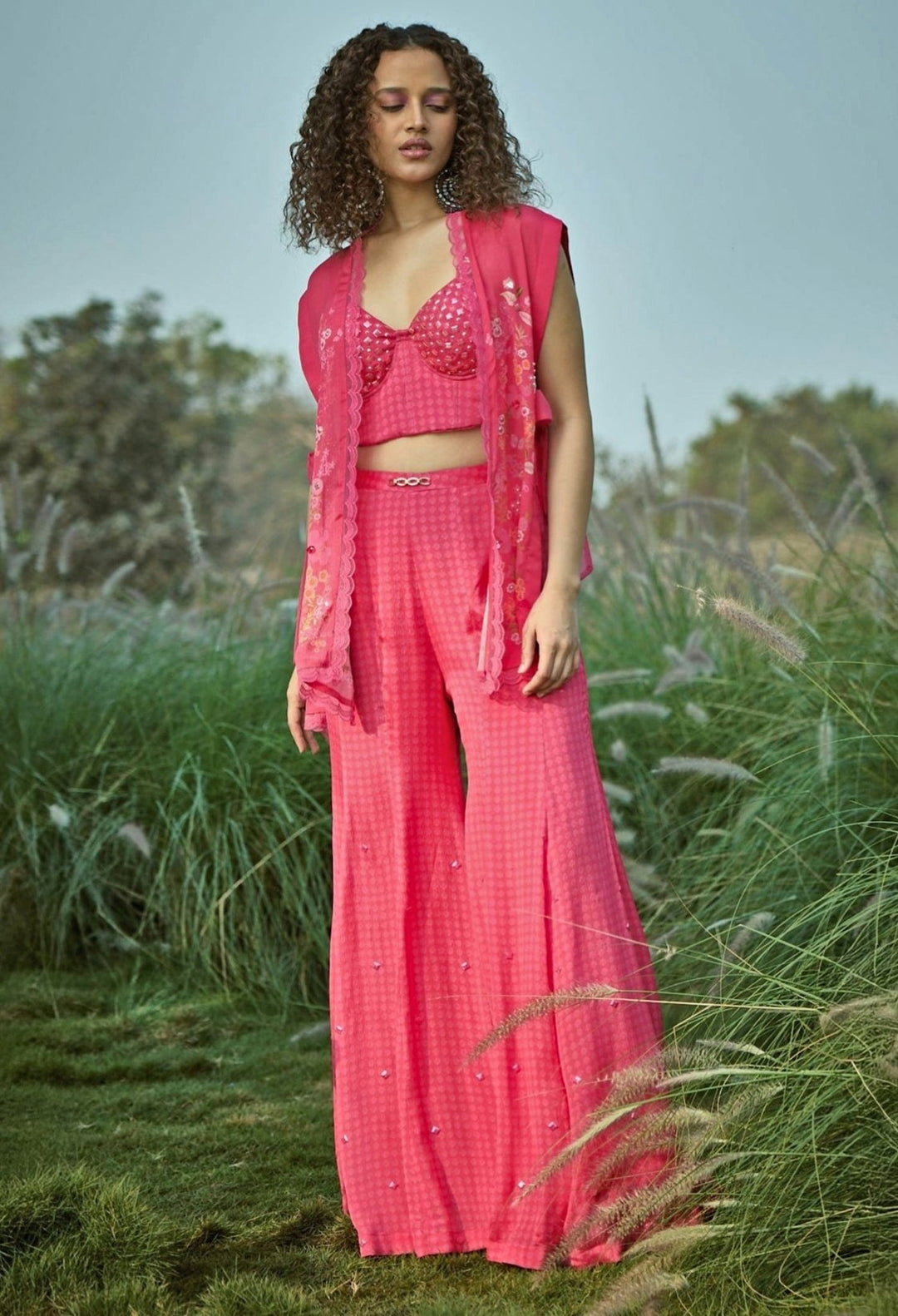 Pink Embroidered Chiffon Jacket Pant Set With Corset Basil Leaf - Fabilicious Fashion