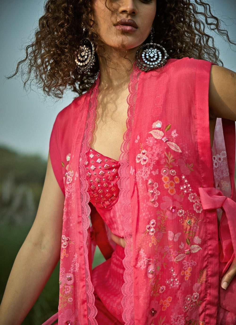 Pink Embroidered Chiffon Jacket Pant Set With Corset Basil Leaf - Fabilicious Fashion