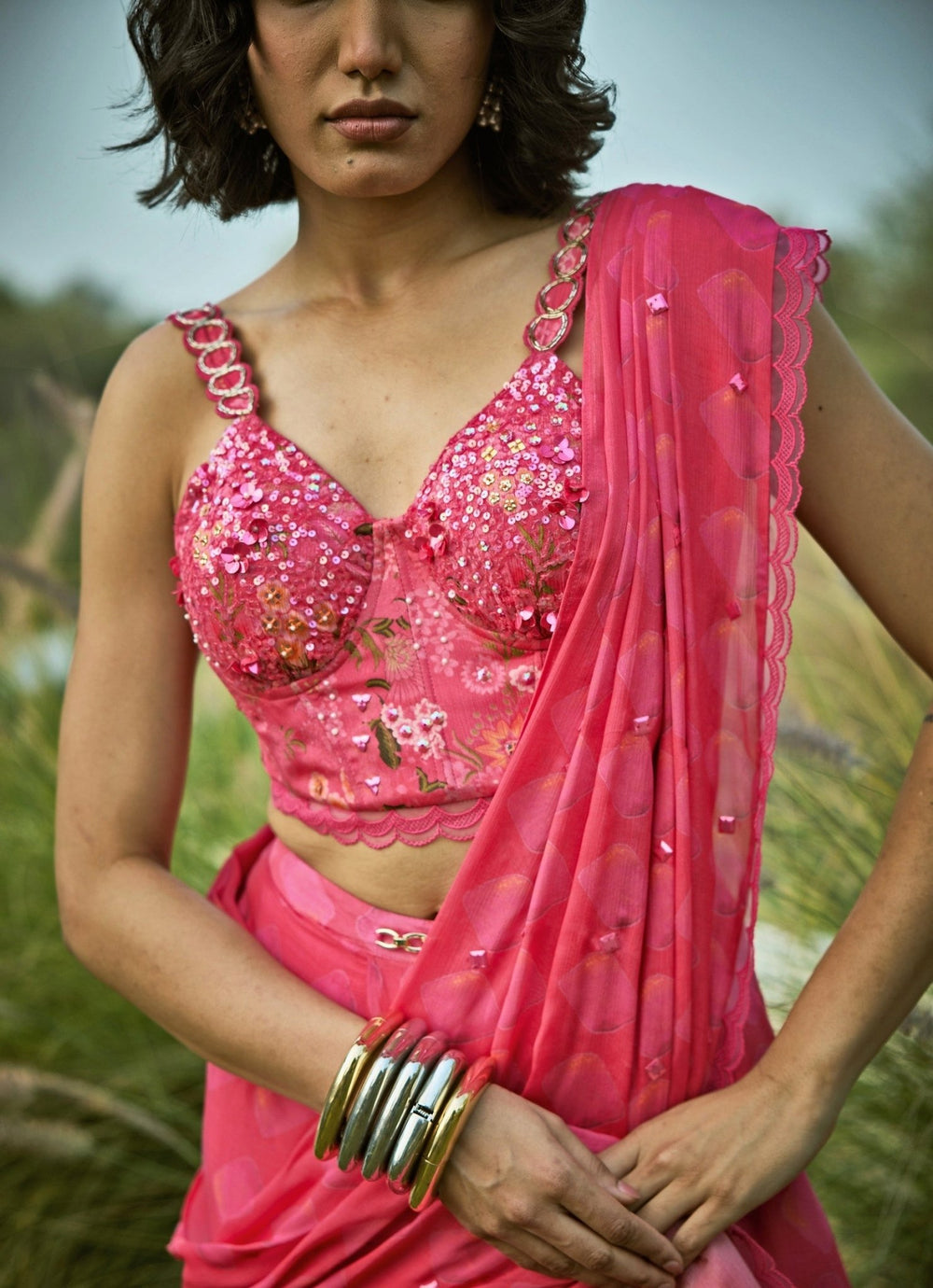 Pink Embroidered Chiffon Pre - Draped Saree Basil Leaf - Fabilicious Fashion