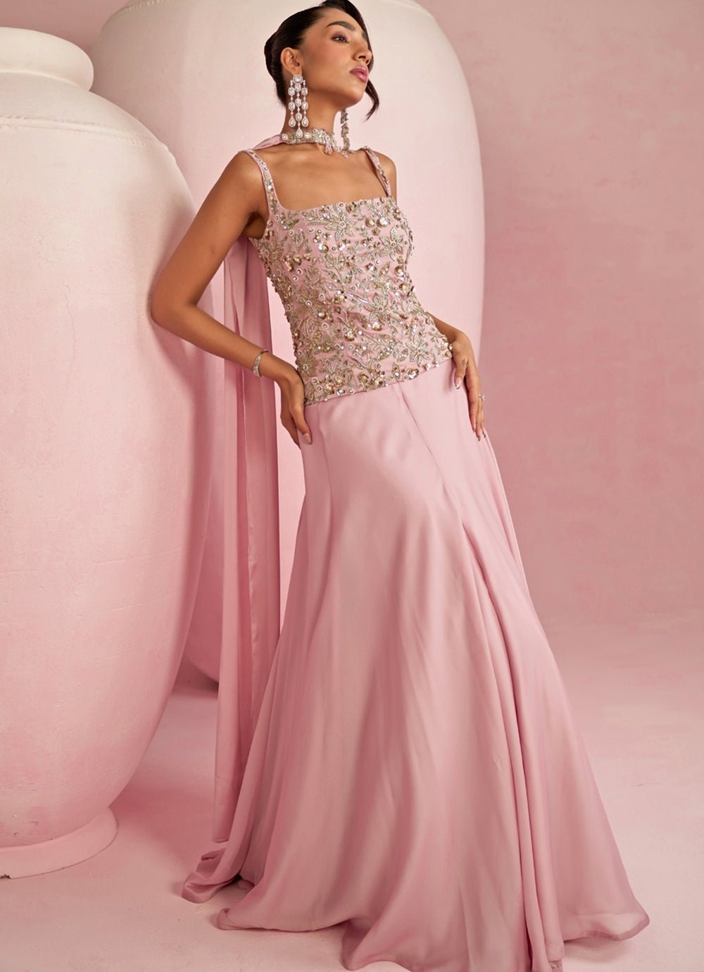 Pink Embroidered Corset Lehenga Set Prevasu - Fabilicious Fashion