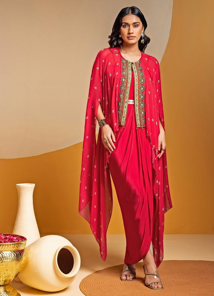 Pink Embroidered Crepe Drape Dress With Kimono Cape Soup by Sougat Paul - Fabilicious Fashion