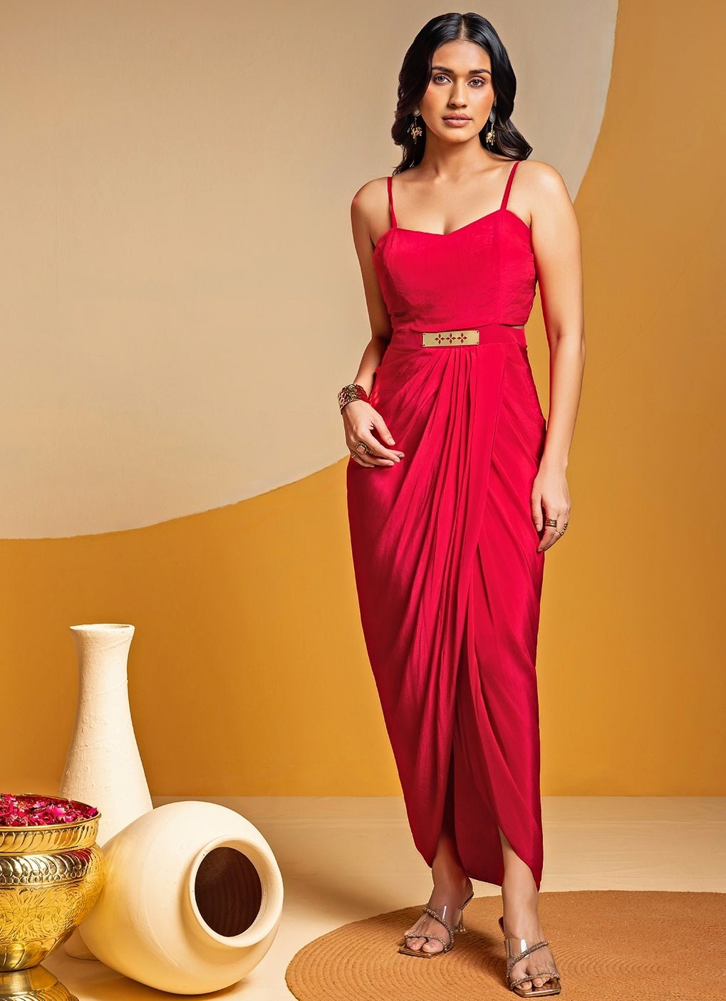 Pink Embroidered Crepe Drape Dress With Kimono Cape Soup by Sougat Paul - Fabilicious Fashion