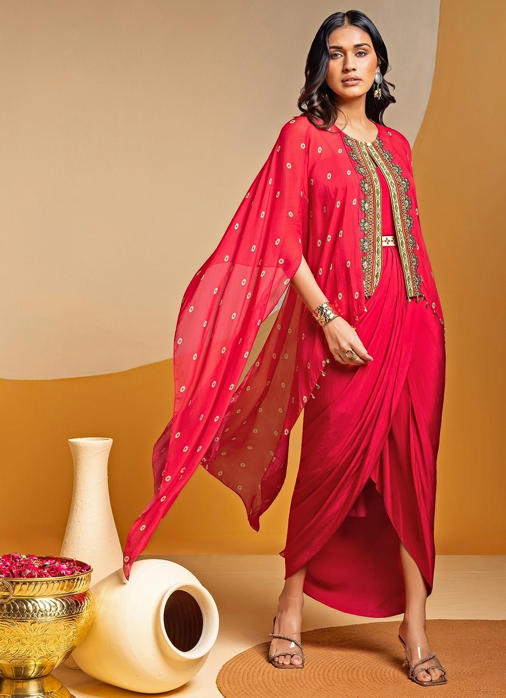Pink Embroidered Crepe Drape Dress With Kimono Cape Soup by Sougat Paul - Fabilicious Fashion