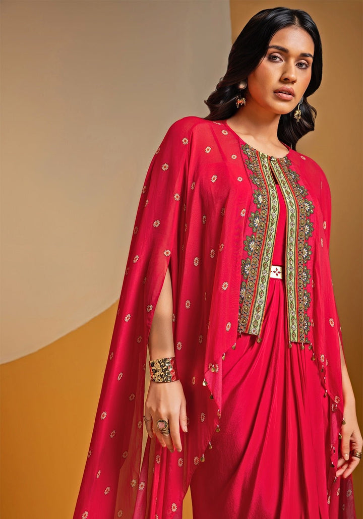 Pink Embroidered Crepe Drape Dress With Kimono Cape Soup by Sougat Paul - Fabilicious Fashion