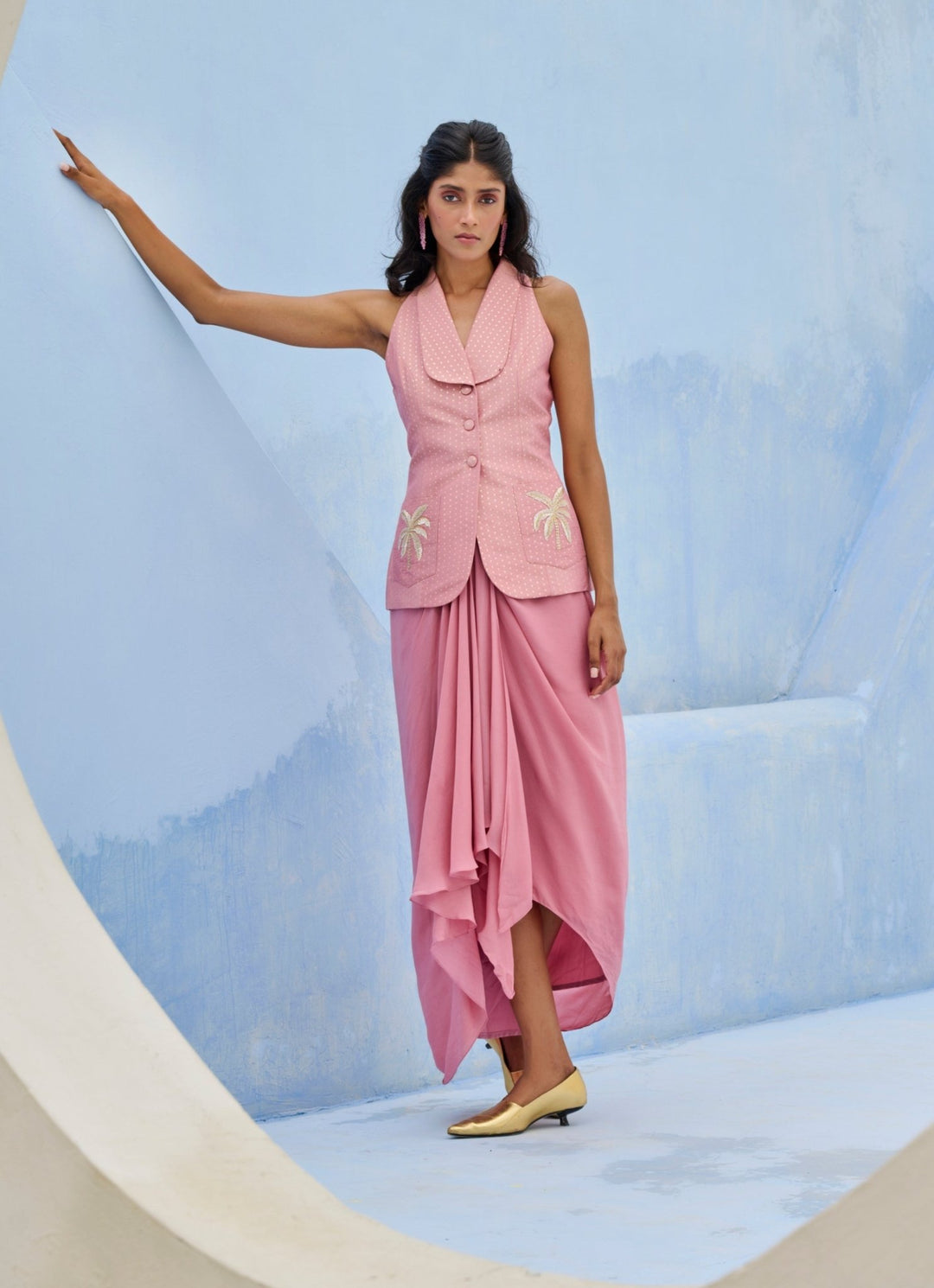 Pink Embroidered Drape Skirt With Blazer Chamee and Palak - Fabilicious Fashion