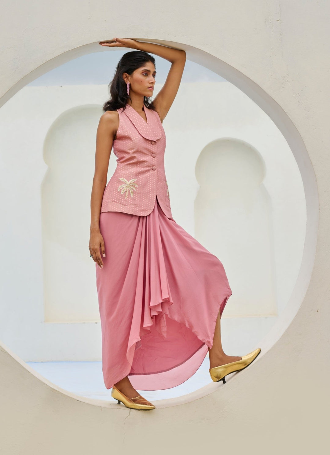 Pink Embroidered Drape Skirt With Blazer Chamee and Palak - Fabilicious Fashion