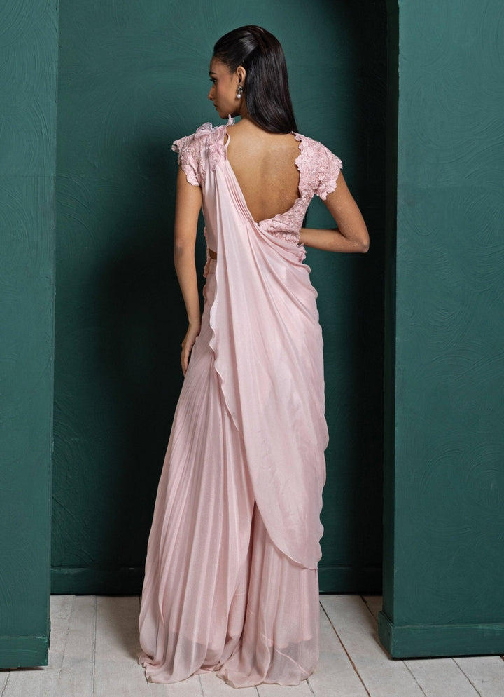 Pink Embroidered Draped Pant Saree Smriti - Fabilicious Fashion