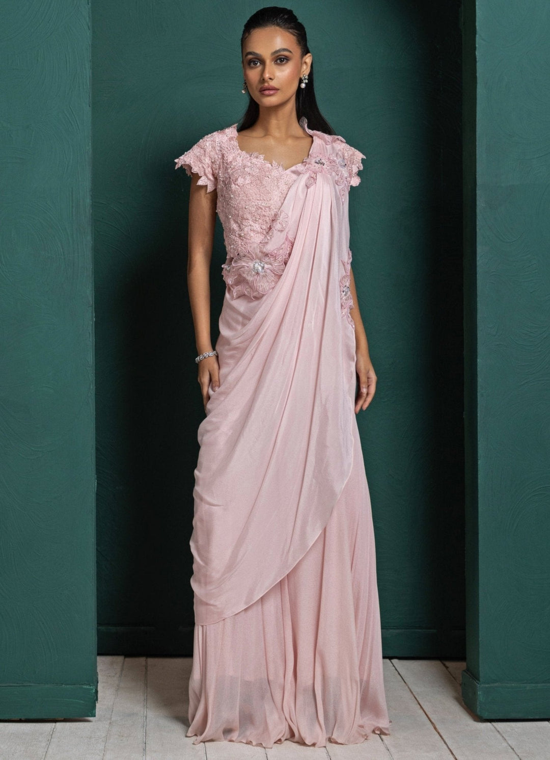 Pink Embroidered Draped Pant Saree Smriti - Fabilicious Fashion