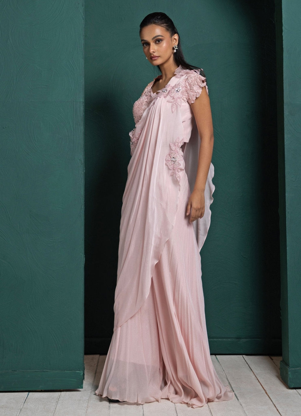 Pink Embroidered Draped Pant Saree Smriti - Fabilicious Fashion
