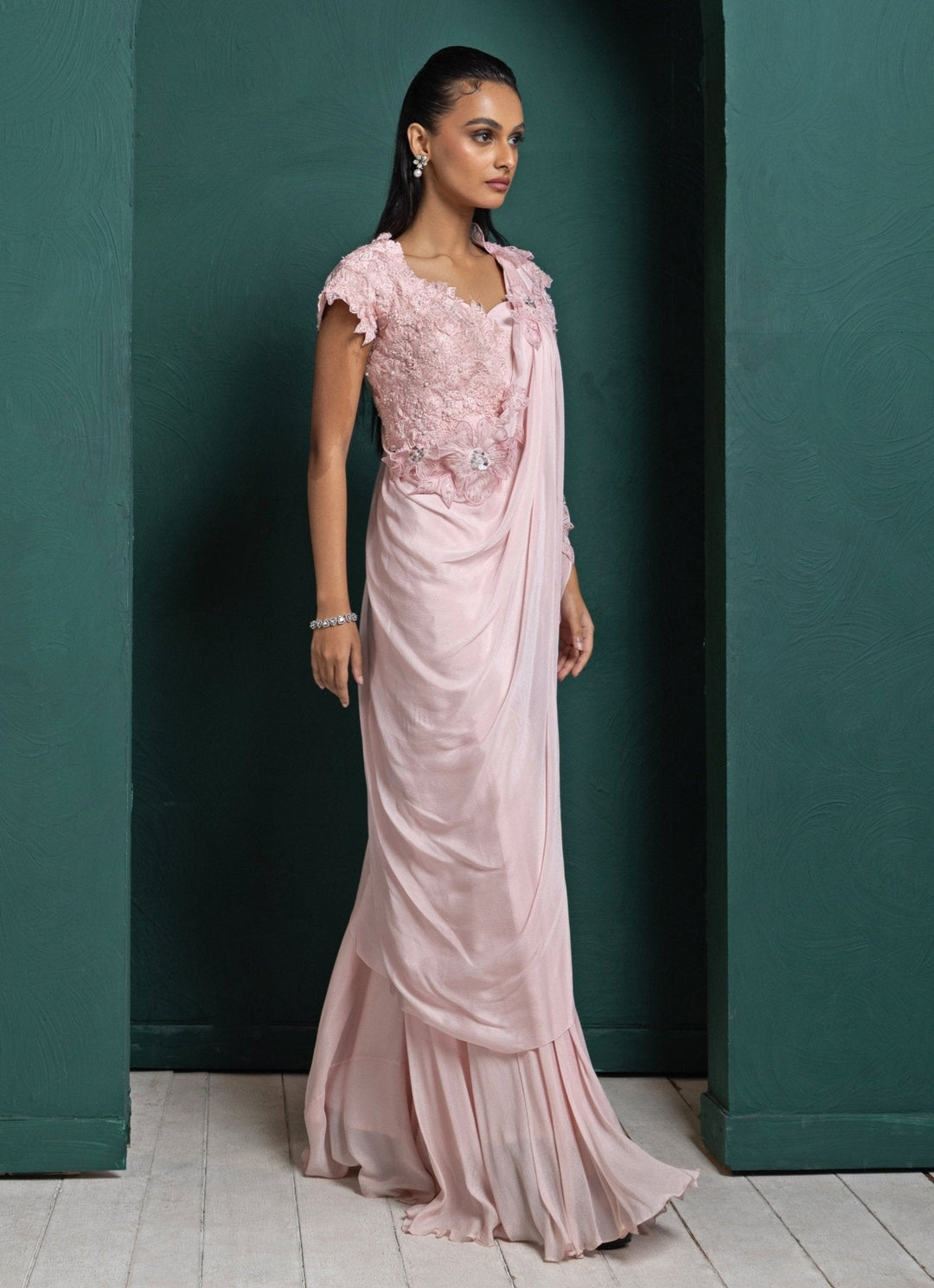 Pink Embroidered Draped Pant Saree Smriti - Fabilicious Fashion