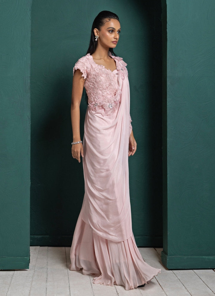 Pink Embroidered Draped Pant Saree Smriti - Fabilicious Fashion