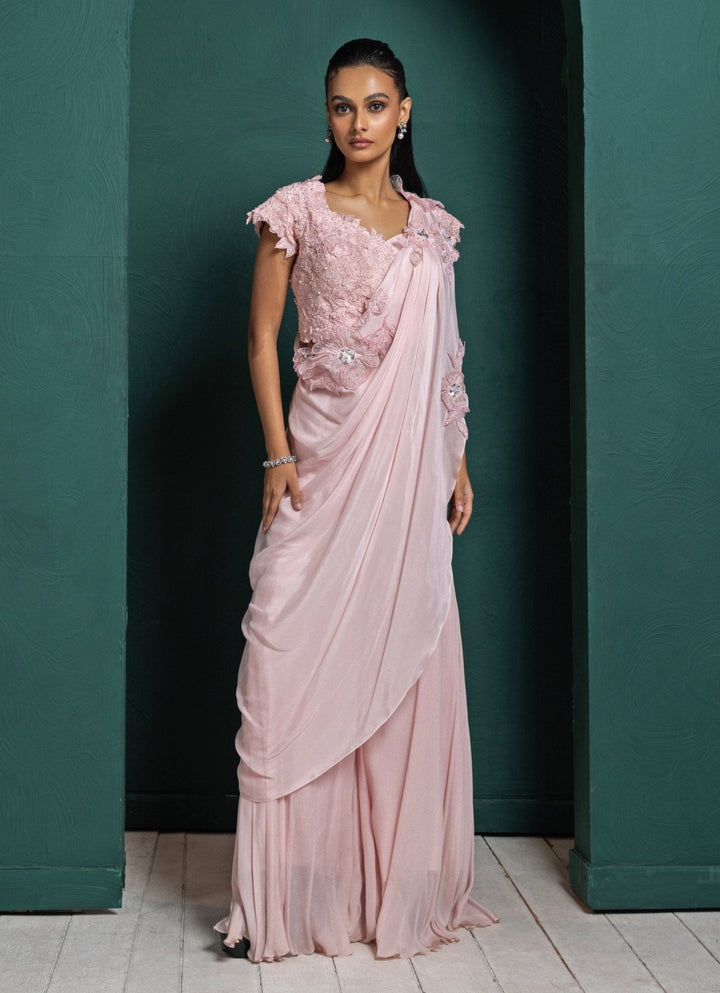 Pink Embroidered Draped Pant Saree Smriti - Fabilicious Fashion