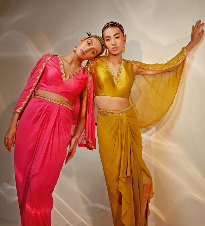 Pink Embroidered Georgette Draped Skirt with Cape Akara - Fabilicious Fashion