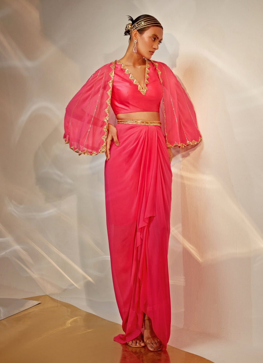 Pink Embroidered Georgette Draped Skirt with Cape Akara - Fabilicious Fashion
