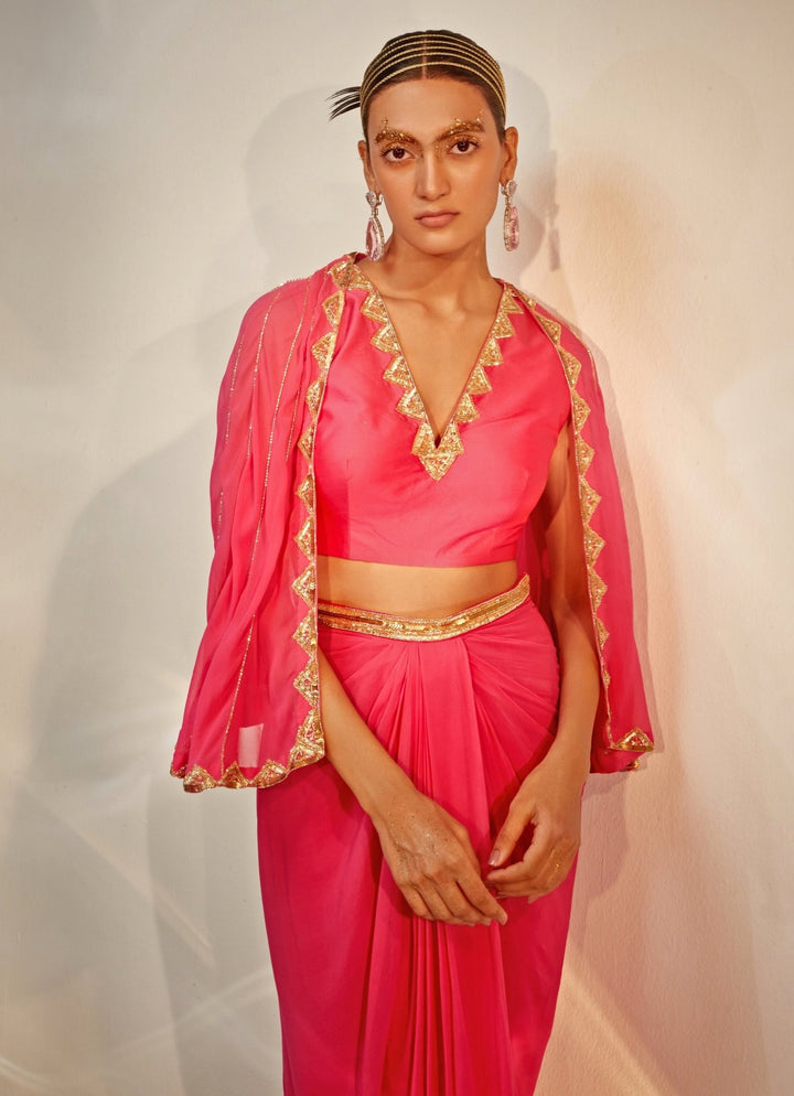 Pink Embroidered Georgette Draped Skirt with Cape Akara - Fabilicious Fashion
