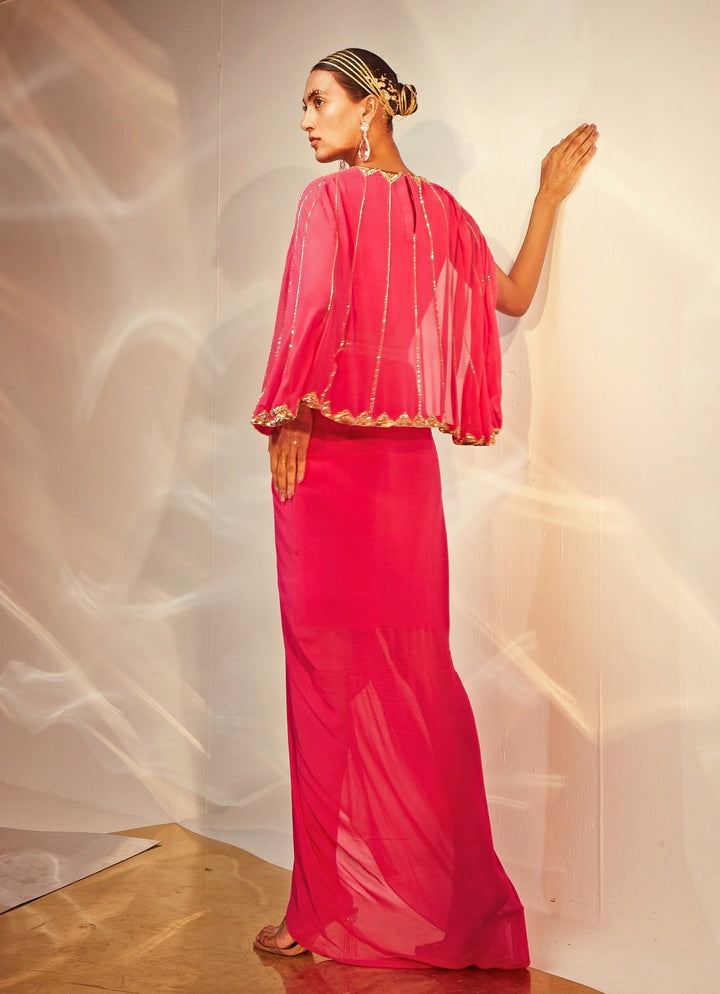 Pink Embroidered Georgette Draped Skirt with Cape Akara - Fabilicious Fashion