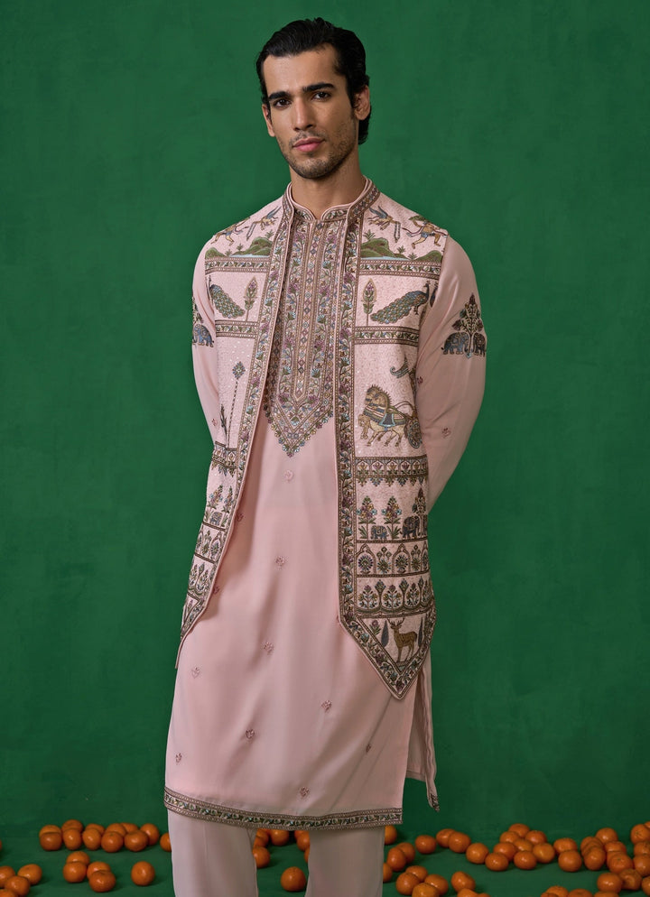 Pink Embroidered Georgette Kurta Jacket Set Kalpraag - Fabilicious Fashion