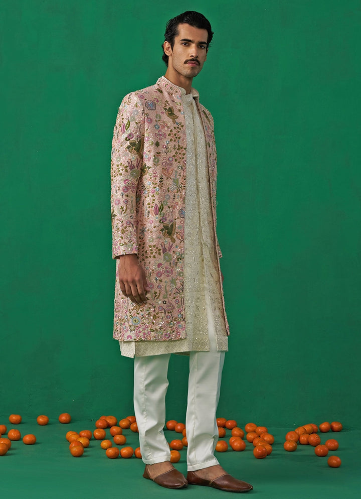 Pink Embroidered Georgette Long Jacket Kurta Set Kalpraag - Fabilicious Fashion