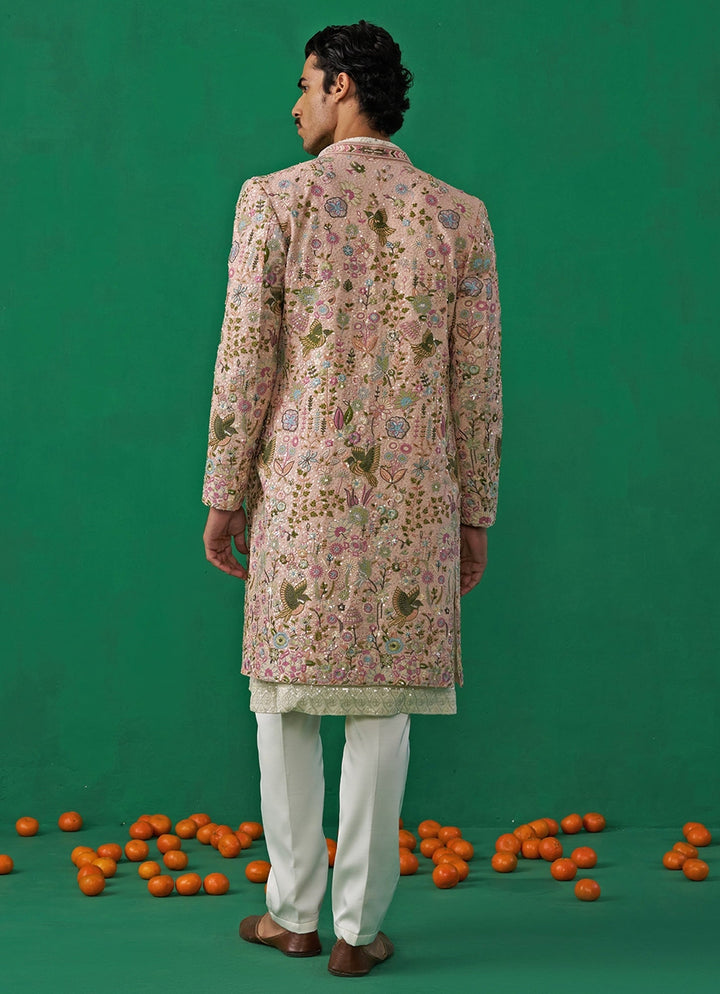 Pink Embroidered Georgette Long Jacket Kurta Set Kalpraag - Fabilicious Fashion