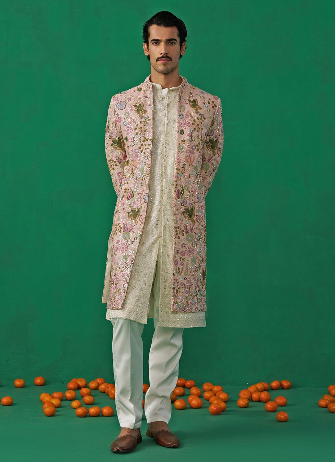 Pink Embroidered Georgette Long Jacket Kurta Set Kalpraag - Fabilicious Fashion