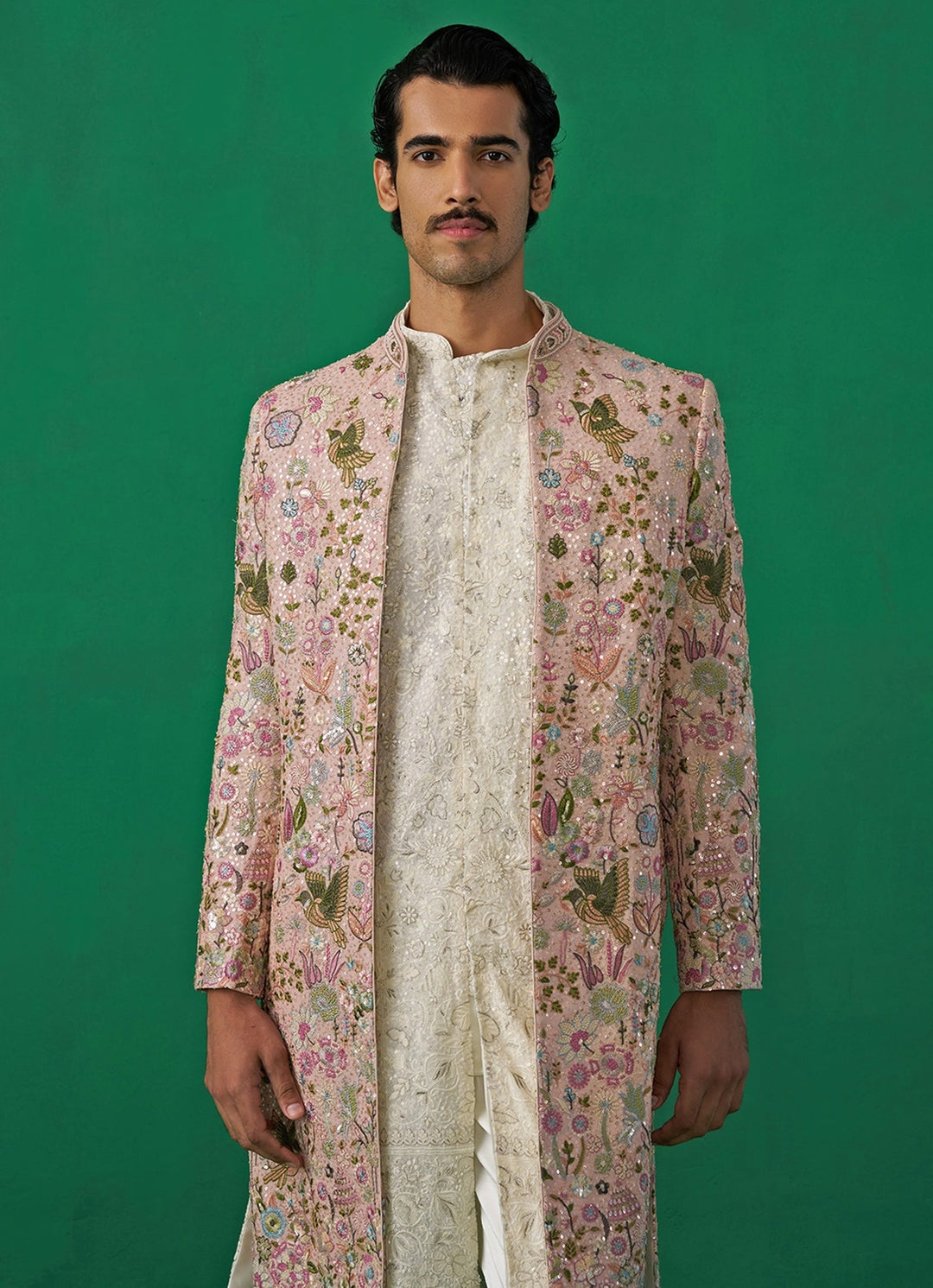 Pink Embroidered Georgette Long Jacket Kurta Set Kalpraag - Fabilicious Fashion