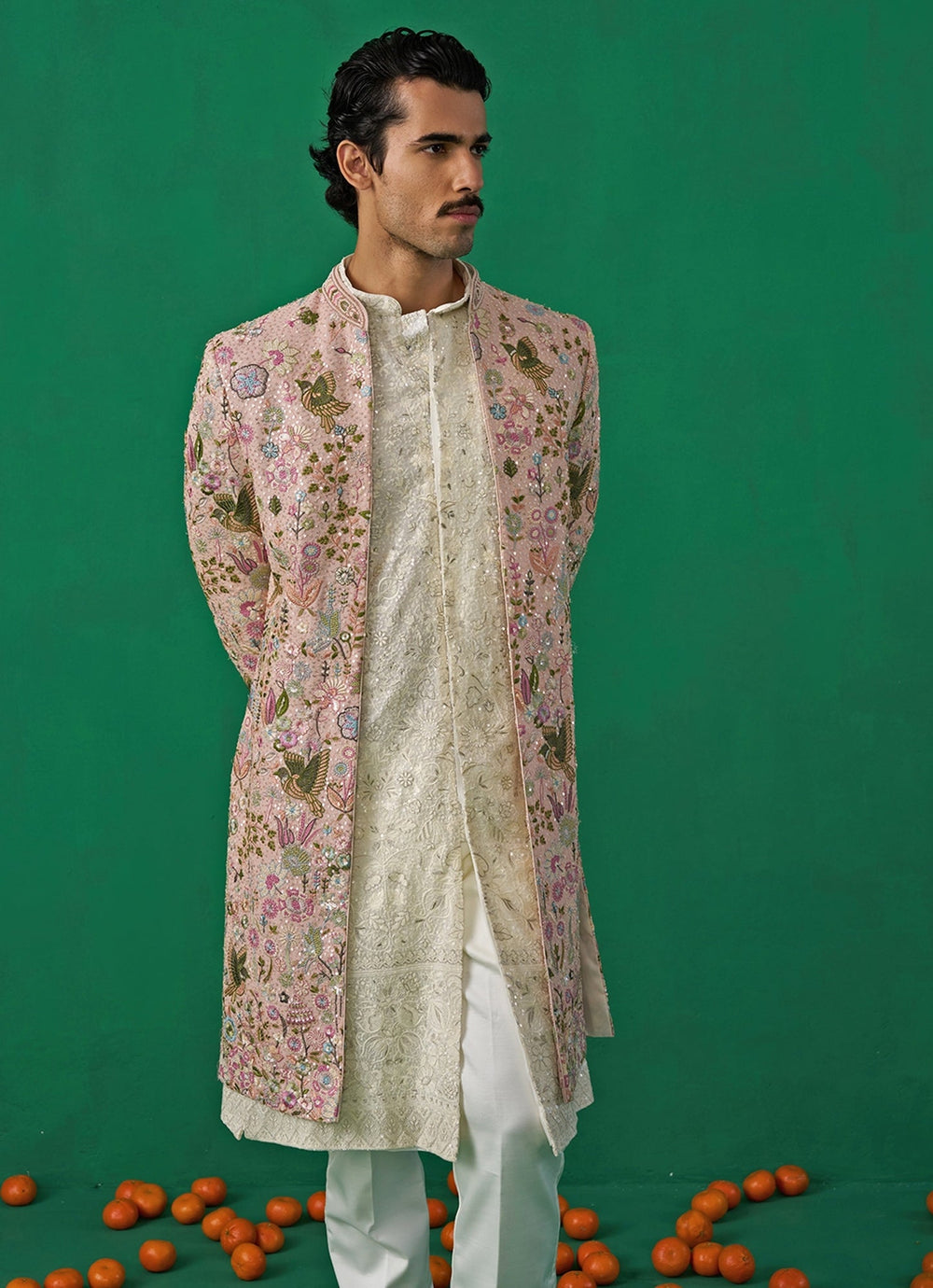 Pink Embroidered Georgette Long Jacket Kurta Set Kalpraag - Fabilicious Fashion