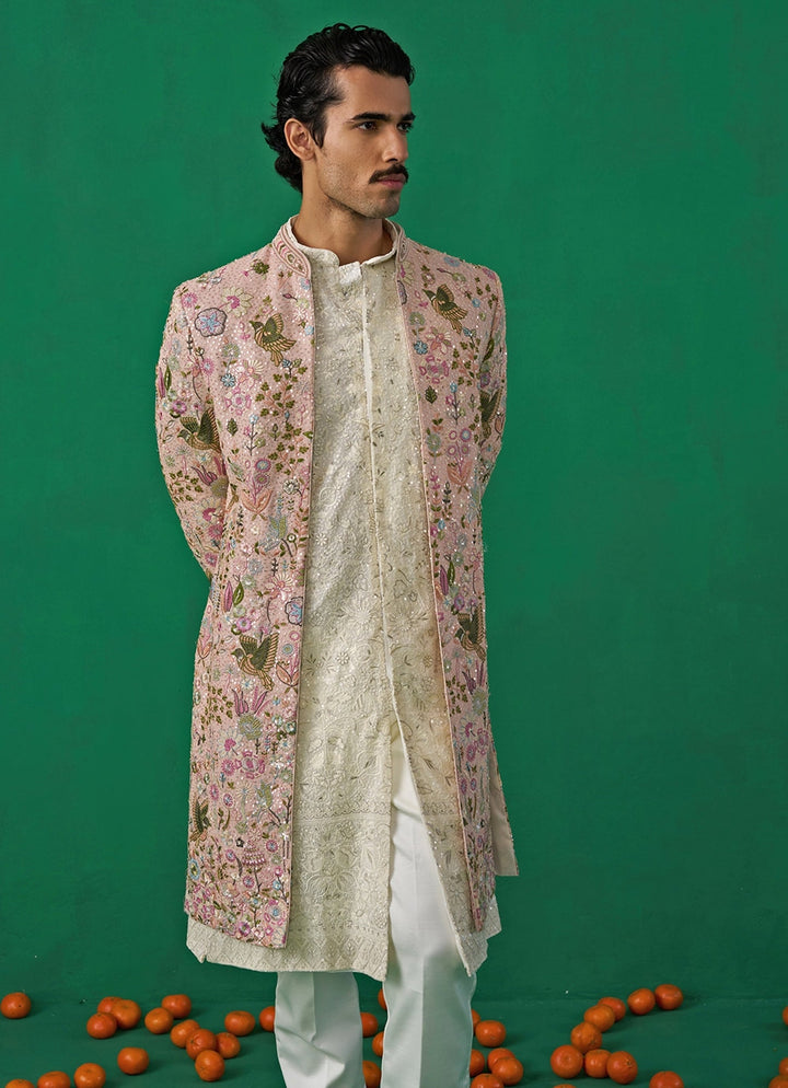 Pink Embroidered Georgette Long Jacket Kurta Set Kalpraag - Fabilicious Fashion