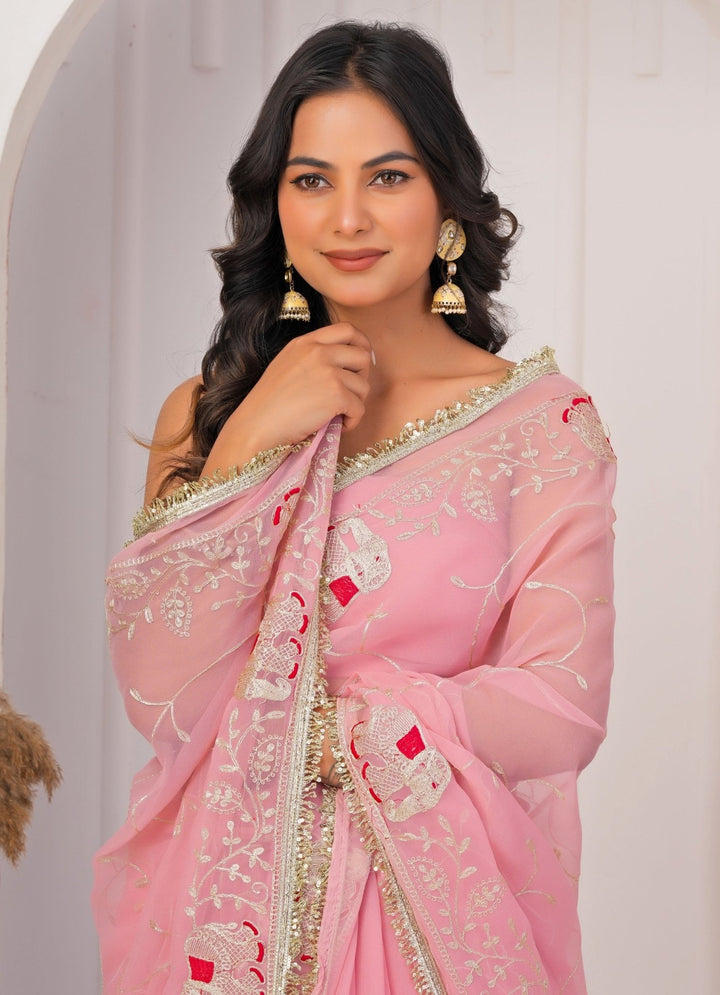 Geroo Jaipur Pink Embroidered Georgette SareeFabilicious Fashion