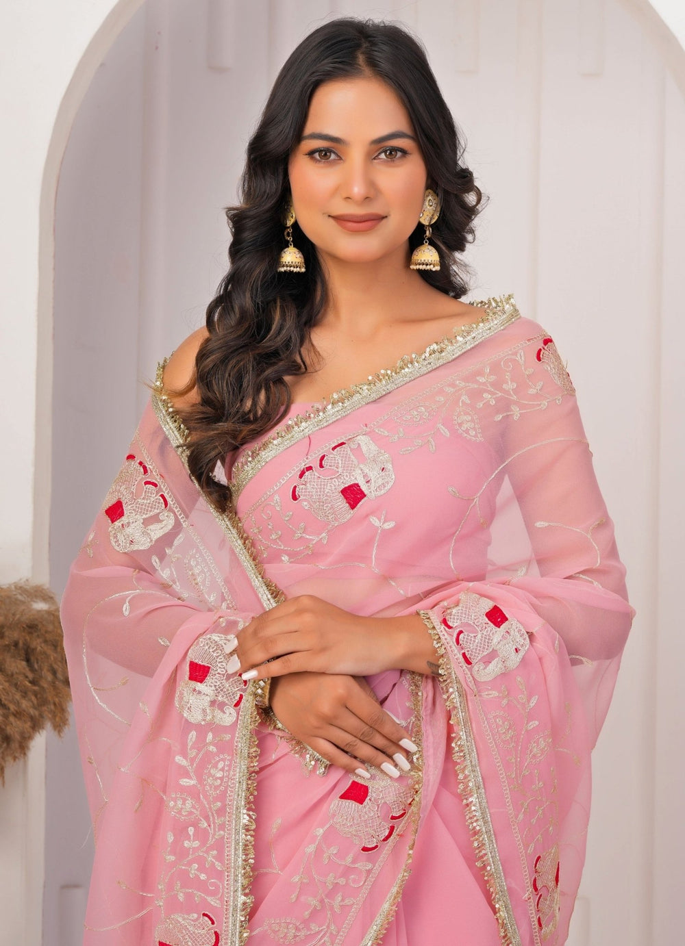 Geroo Jaipur Pink Embroidered Georgette SareeFabilicious Fashion