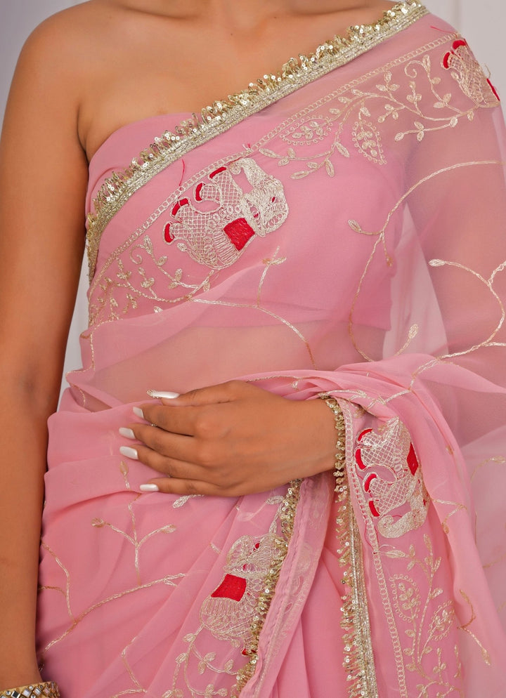 Geroo Jaipur Pink Embroidered Georgette SareeFabilicious Fashion