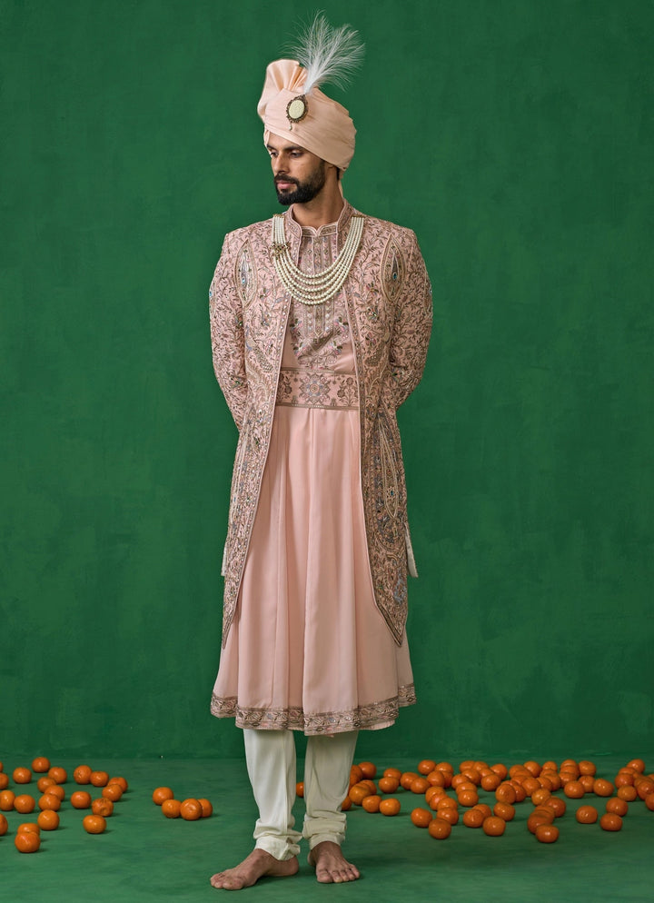 Pink Embroidered Georgette Sherwani Set Kalpraag - Fabilicious Fashion
