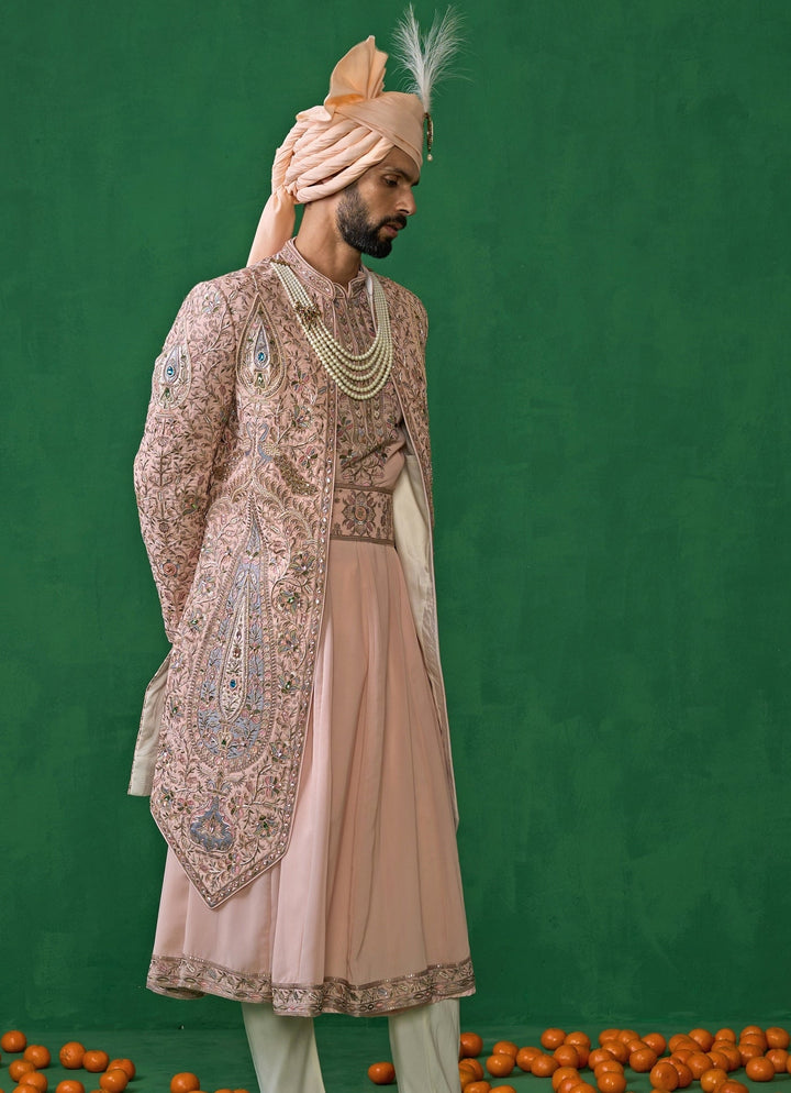 Pink Embroidered Georgette Sherwani Set Kalpraag - Fabilicious Fashion