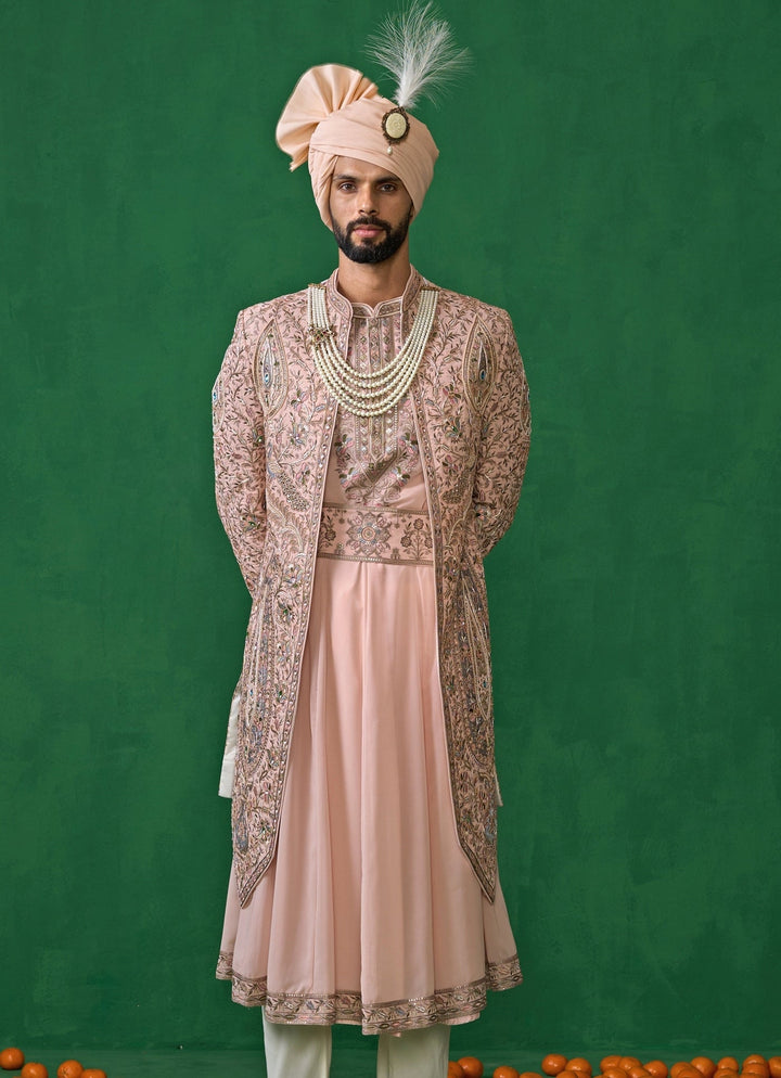 Pink Embroidered Georgette Sherwani Set Kalpraag - Fabilicious Fashion