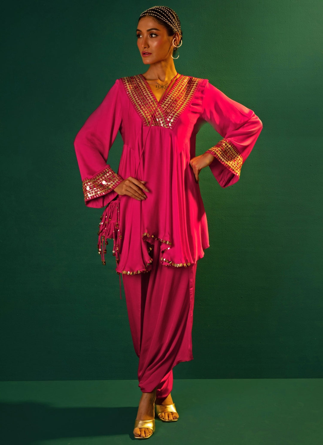 Pink Embroidered High - Low Kurta And Dhoti Skirt Prahnaaya - Fabilicious Fashion