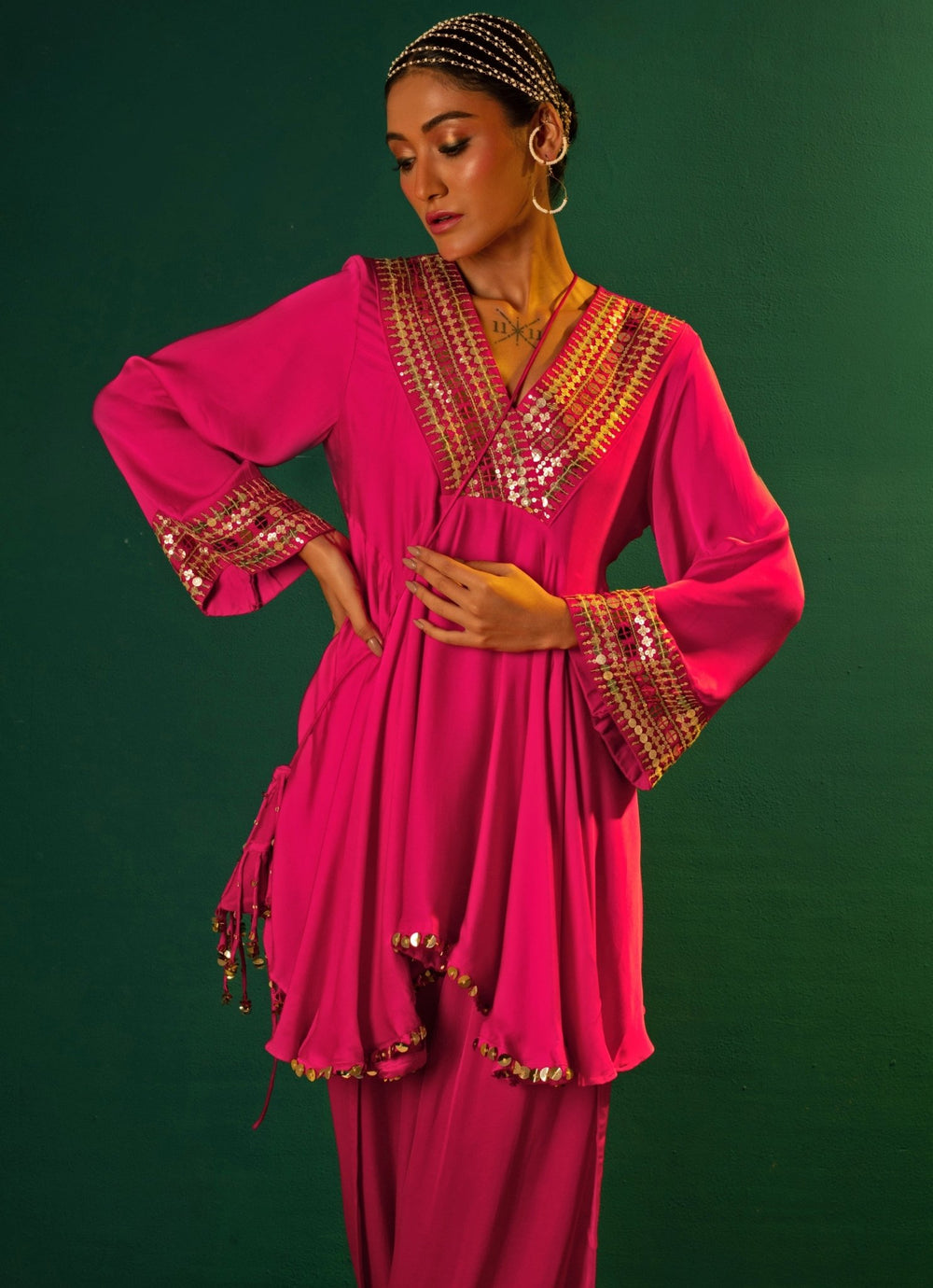 Pink Embroidered High - Low Kurta And Dhoti Skirt Prahnaaya - Fabilicious Fashion