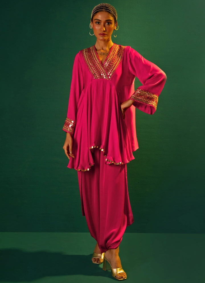 Pink Embroidered High - Low Kurta And Dhoti Skirt Prahnaaya - Fabilicious Fashion