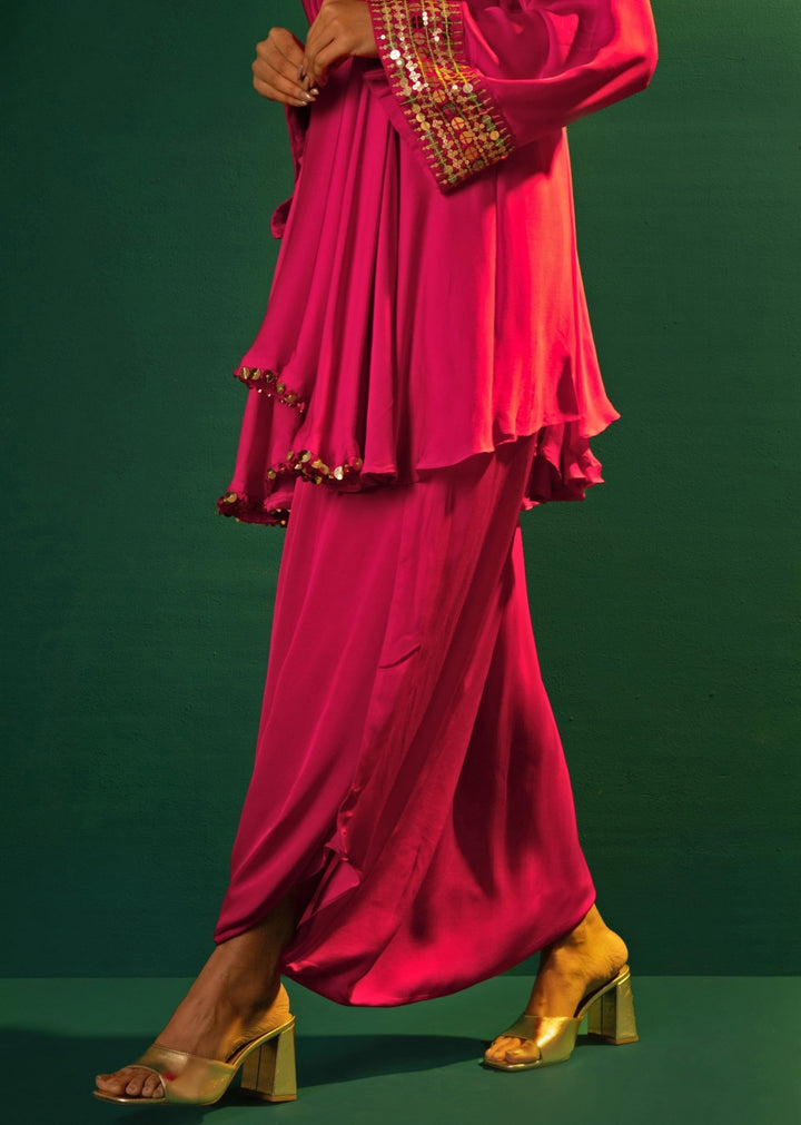 Pink Embroidered High - Low Kurta And Dhoti Skirt Prahnaaya - Fabilicious Fashion