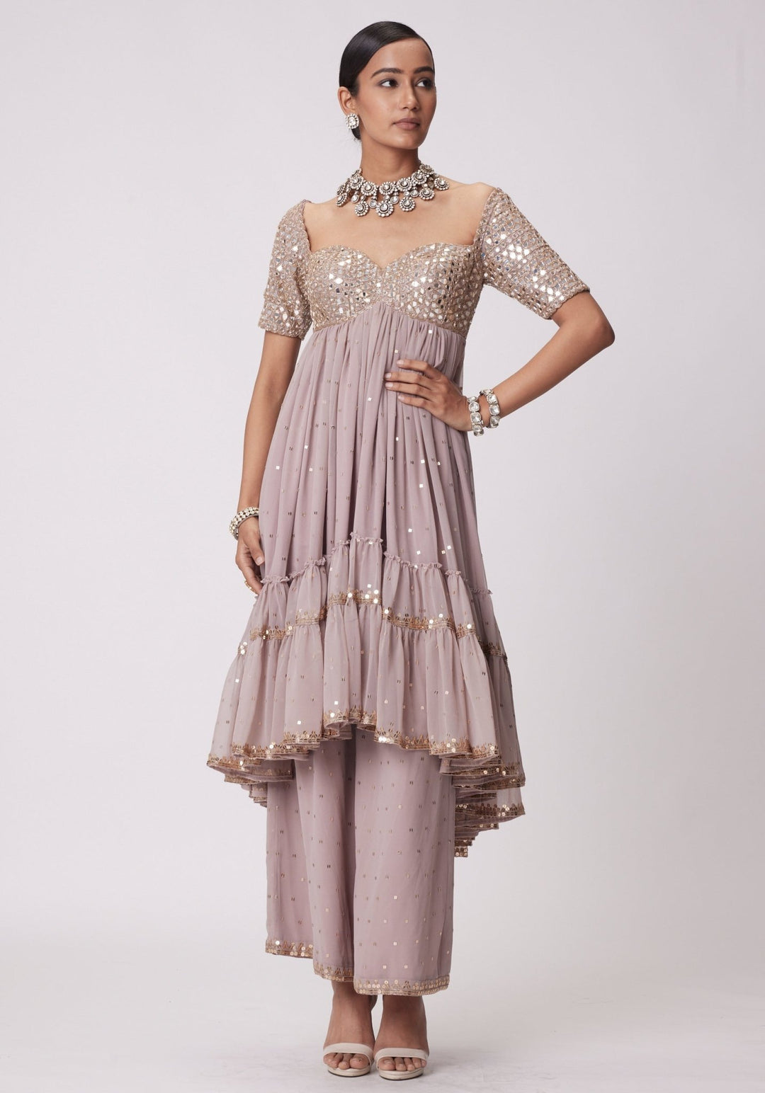 Pink Embroidered High Low Kurta Vvani by Vani Vats - Fabilicious Fashion