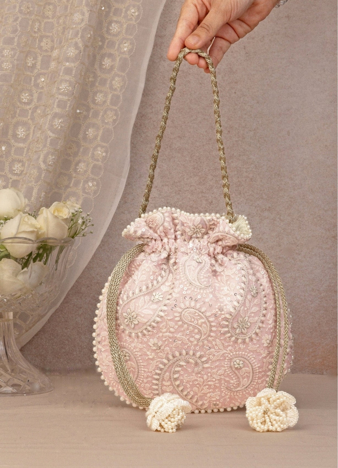 Pink Embroidered Potli AMYRA - Fabilicious Fashion