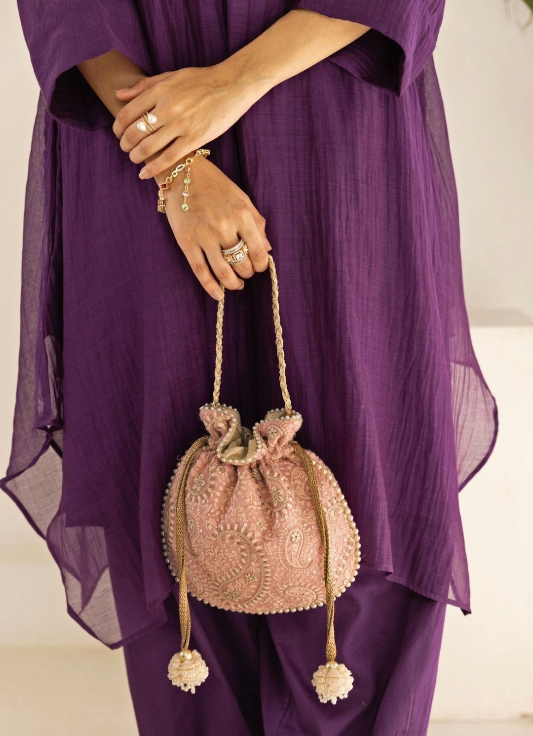 Pink Embroidered Potli AMYRA - Fabilicious Fashion