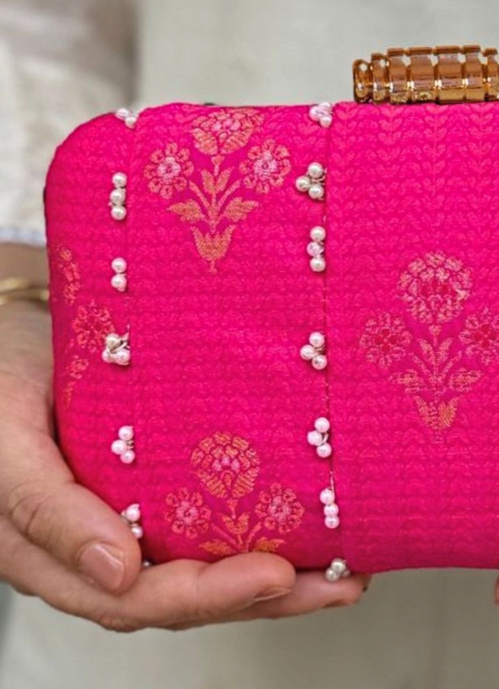 Pink Embroidered Pure Silk Clutch Amyra - Fabilicious Fashion