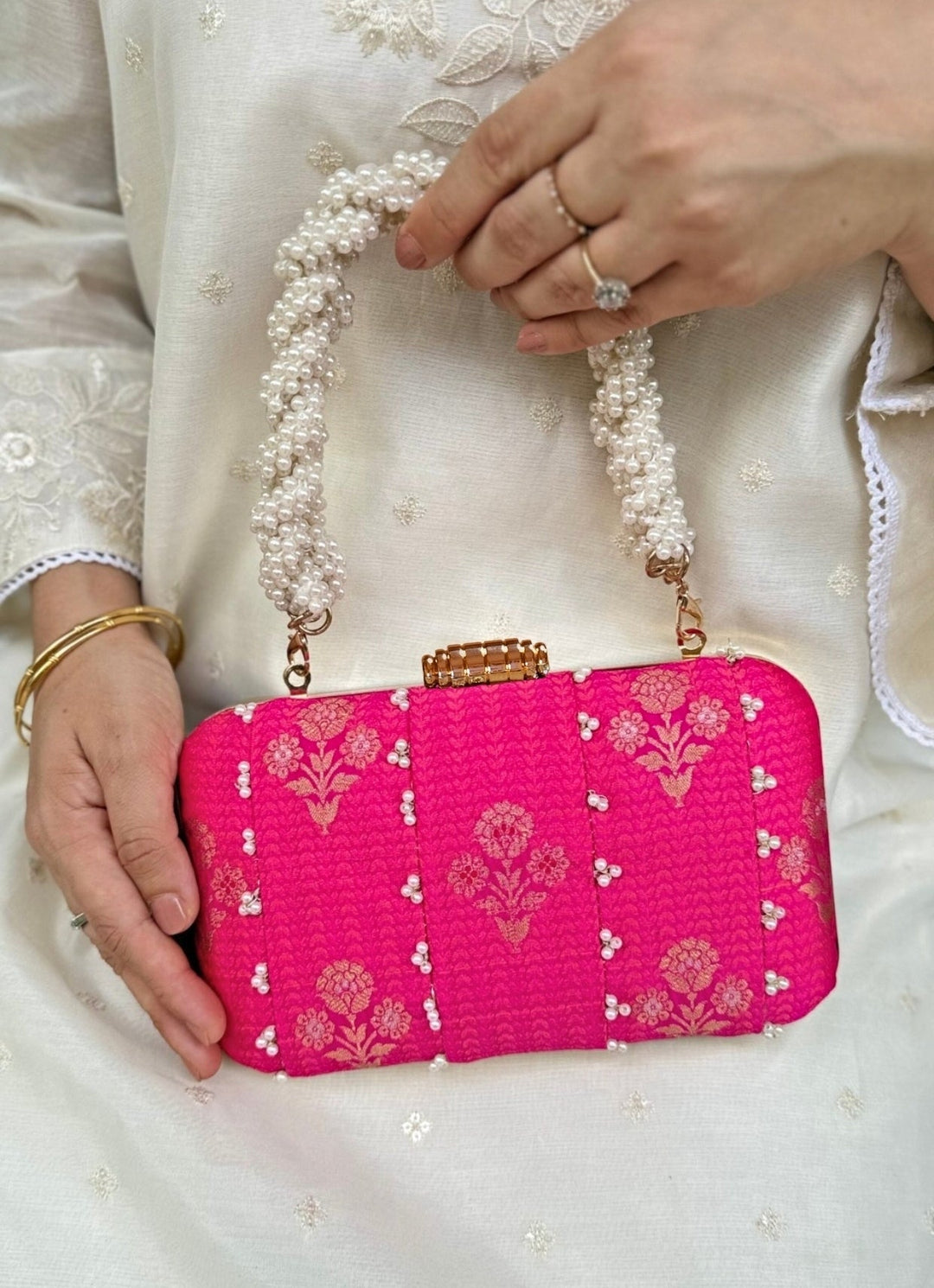 Pink Embroidered Pure Silk Clutch Amyra - Fabilicious Fashion