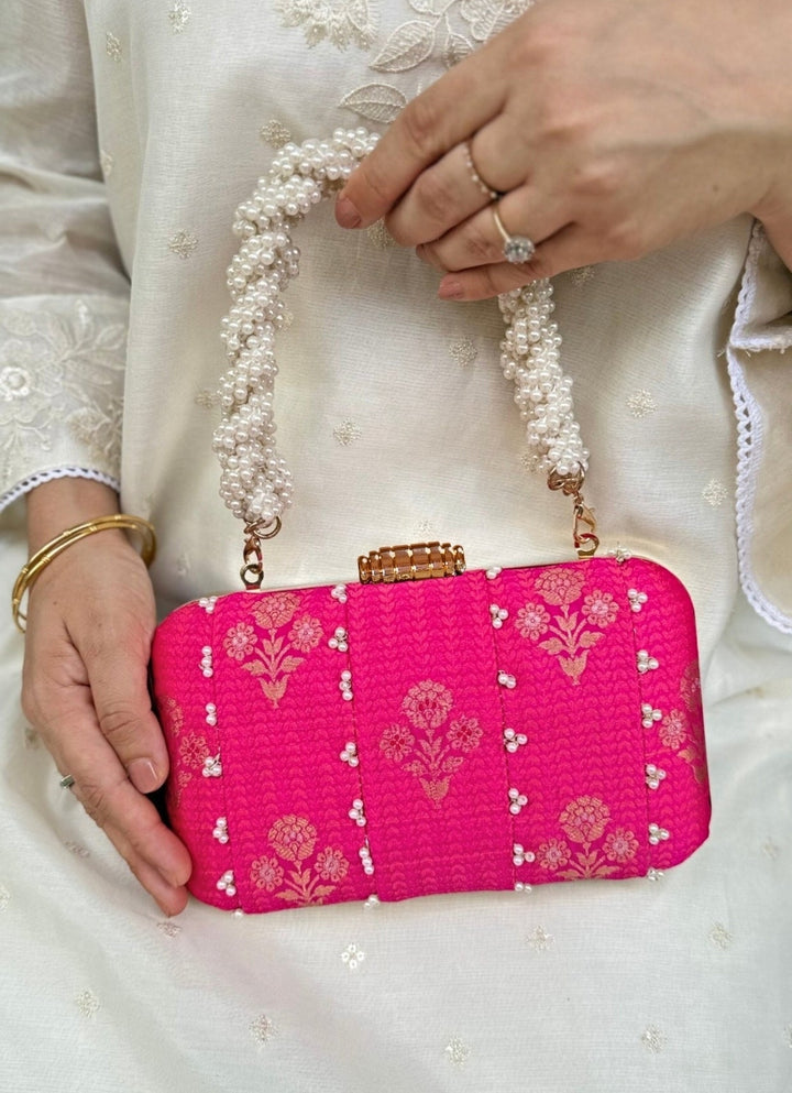 Pink Embroidered Pure Silk Clutch Amyra - Fabilicious Fashion