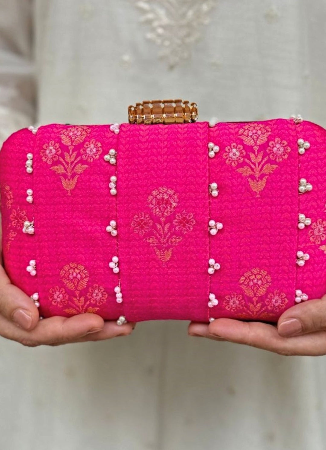 Pink Embroidered Pure Silk Clutch Amyra - Fabilicious Fashion