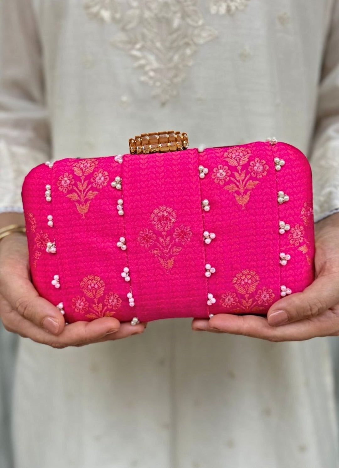 Pink Embroidered Pure Silk Clutch Amyra - Fabilicious Fashion