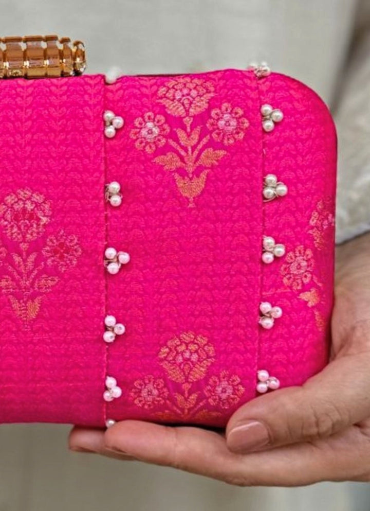 Pink Embroidered Pure Silk Clutch Amyra - Fabilicious Fashion