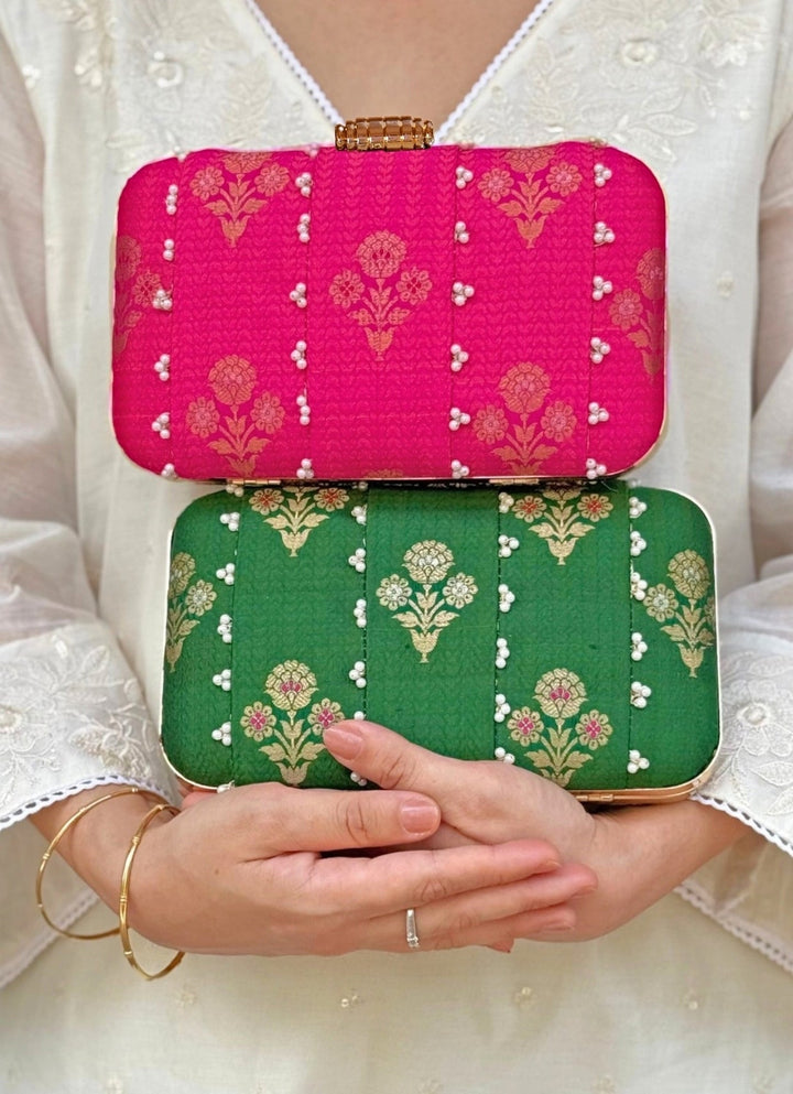 Pink Embroidered Pure Silk Clutch Amyra - Fabilicious Fashion
