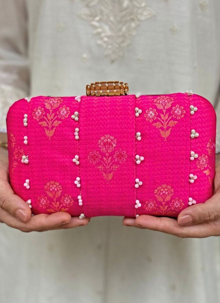Pink Embroidered Pure Silk Clutch Amyra - Fabilicious Fashion